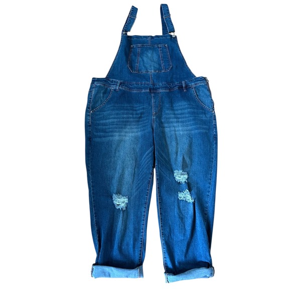 Wallflower Denim - Wallflower Distressed Denim Overalls Ripped Cuffed‎ Blue Jeans Plus Size 3X